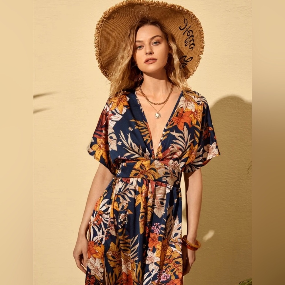 Boho Tropical Print Split Thigh Dress size Large - Picture 5 of 10